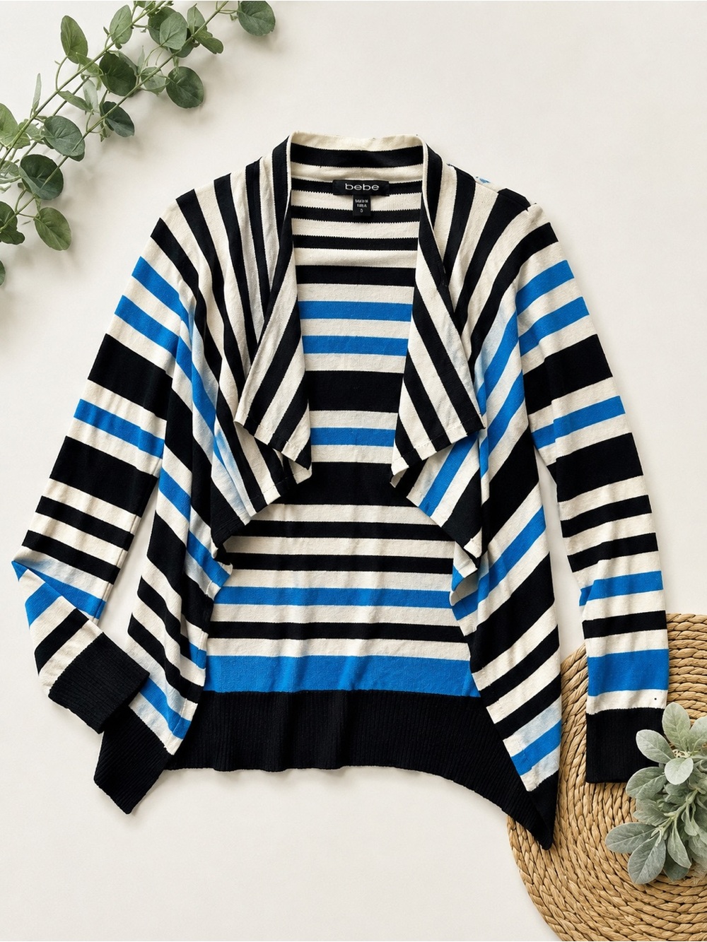 bebe Black, White & Bright Blue Striped Open-Front Cardigan